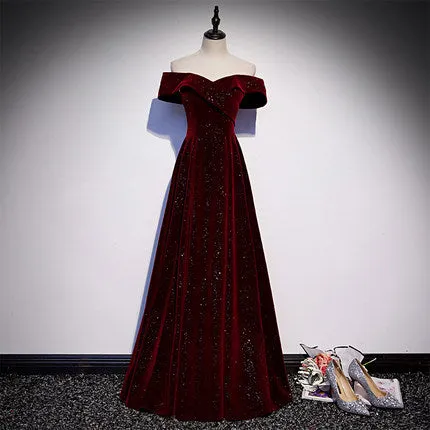 A line Off The Shoulder Burgundy Prom Dresses Sexy Evening Dress SH080