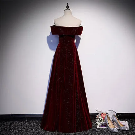 A line Off The Shoulder Burgundy Prom Dresses Sexy Evening Dress SH080