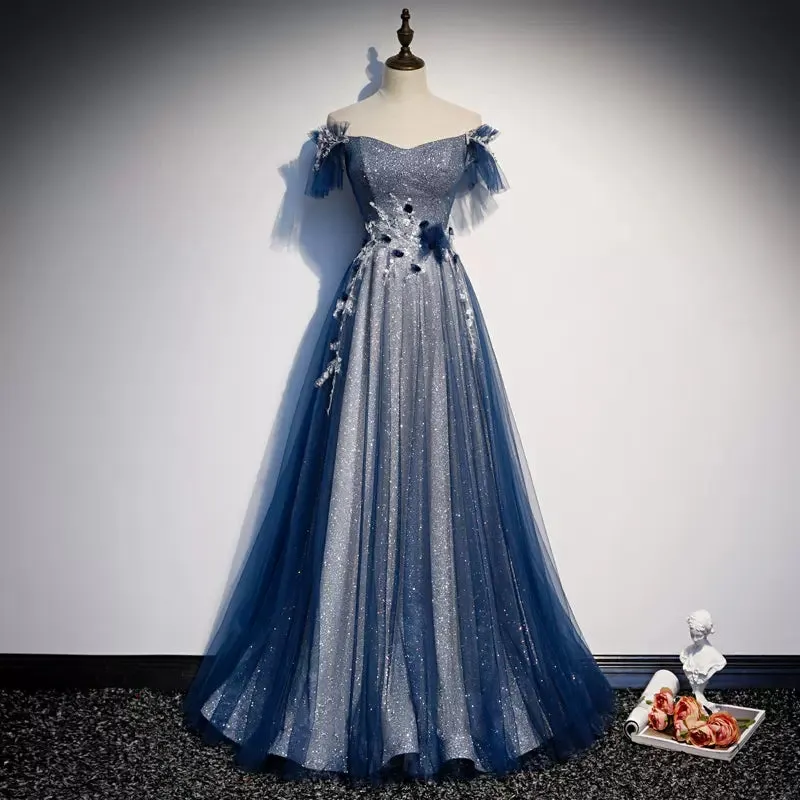 A line Off The Shoulder Tulle Blue Prom Dresses SH117