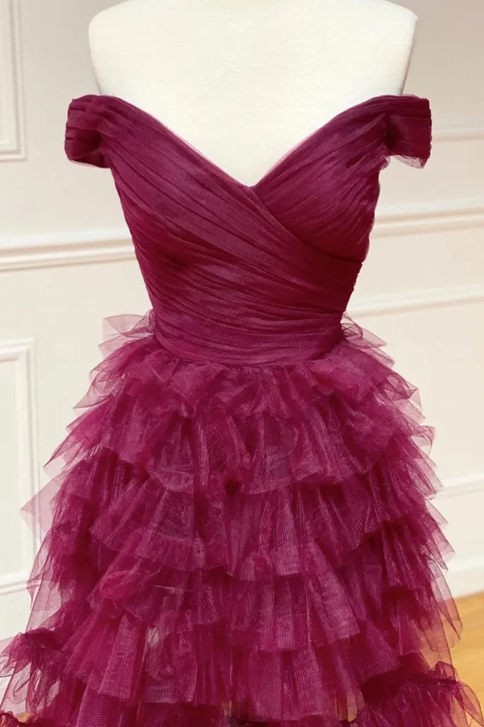 A Line Sweetheart Neck Off Shoulder Long Burgundy Prom Dresses, Off The Shoulder Tulle Burgundy Long Formal Evening Dresses