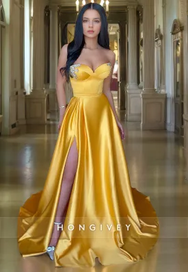 A-Line Sweetheart Strapless Court Train  Satin Prom Dress with High Slit