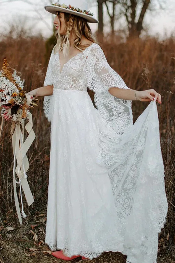 A-line V-neck Backless Lace Boho Wedding Gown, Beach Wedding Dresses, SW538