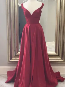 A Line V Neck Burgundy Long Prom Dresses, Off the Shoulder Burgundy Formal Evening Dresses Y246