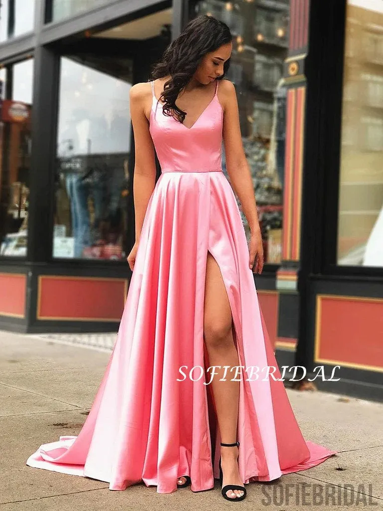 A-line V-neck Long Simple Pink Prom Dress With Split, PD1029