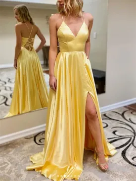 A Line V Neck Long Yellow Satin Prom Dresses with Leg Slit, Long Yellow Satin Formal Evening Dresses