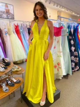 A Line V Neck Open Back Yellow Satin Long Prom Dresses with Slit, V Neck Yellow Formal Graduation Evening Dresses