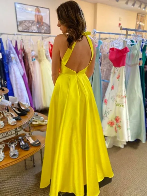 A Line V Neck Open Back Yellow Satin Long Prom Dresses with Slit, V Neck Yellow Formal Graduation Evening Dresses