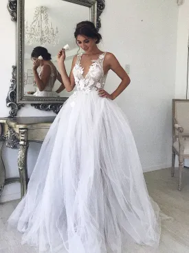 A-line White V-neck Boho Wedding Dresses Tulle Beach Bridal Gown