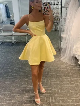 A Line Yellow Satin Short Prom Dresses, Short Yellow Satin Formal Evening Dresses