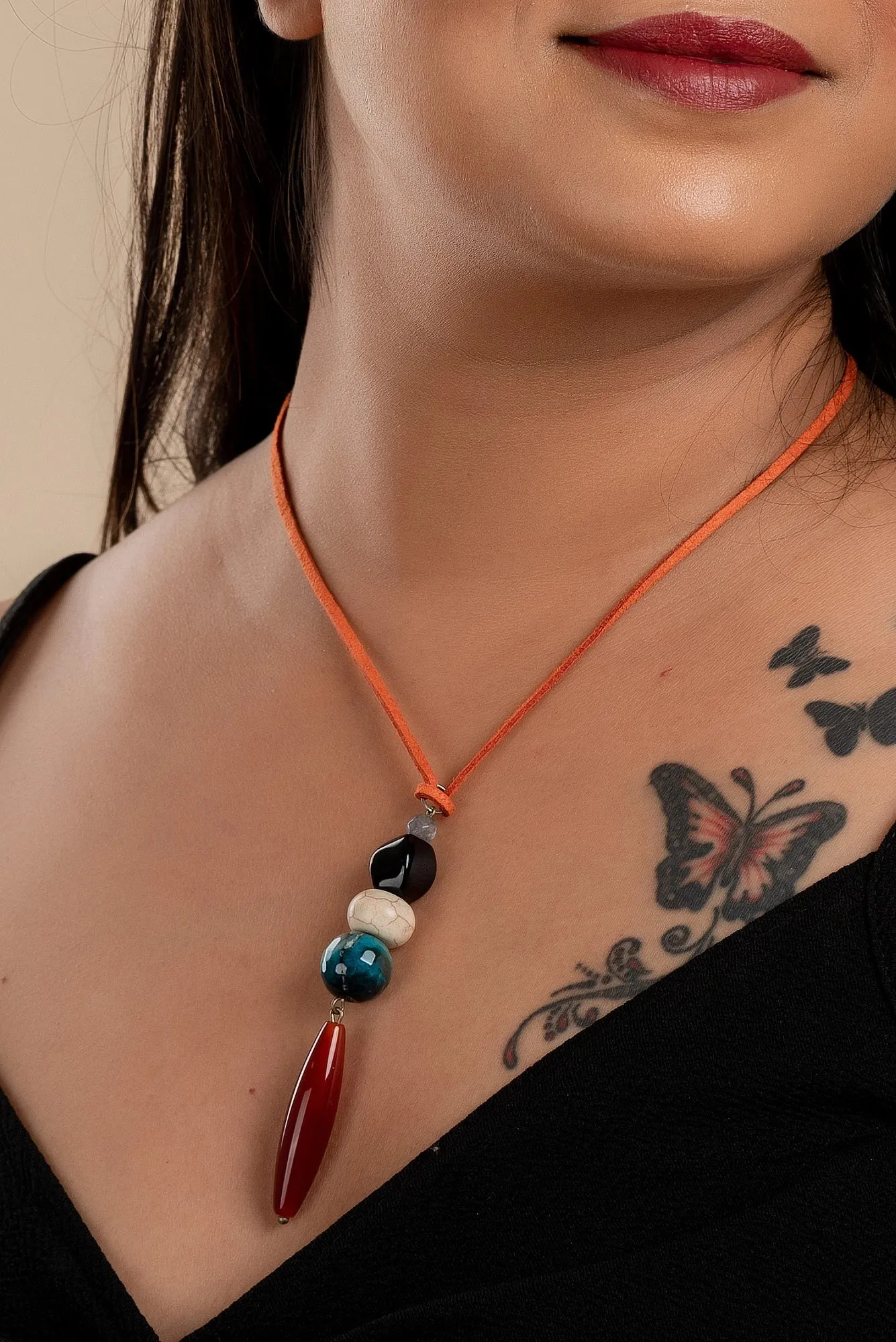 Agate Onyx Howlite Necklace with Adjustable Suede Cord – Unique Lightweight Handcrafted Jewelry for Women