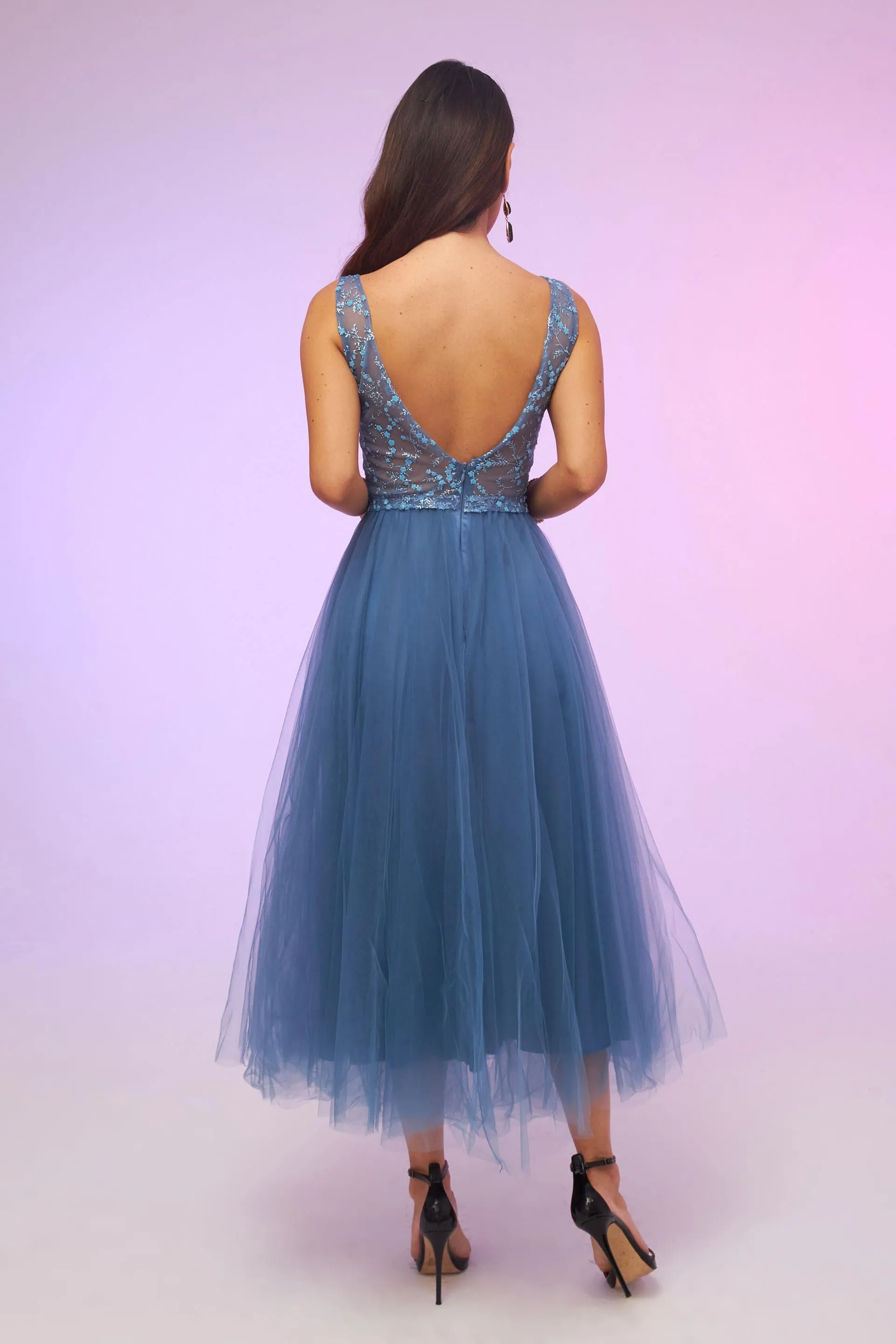 Angelino Indigo Tulle Backless Midi Dress