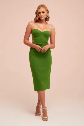 Angelino Pistachio Green Stone Lace Midi Crepe Evening Dress