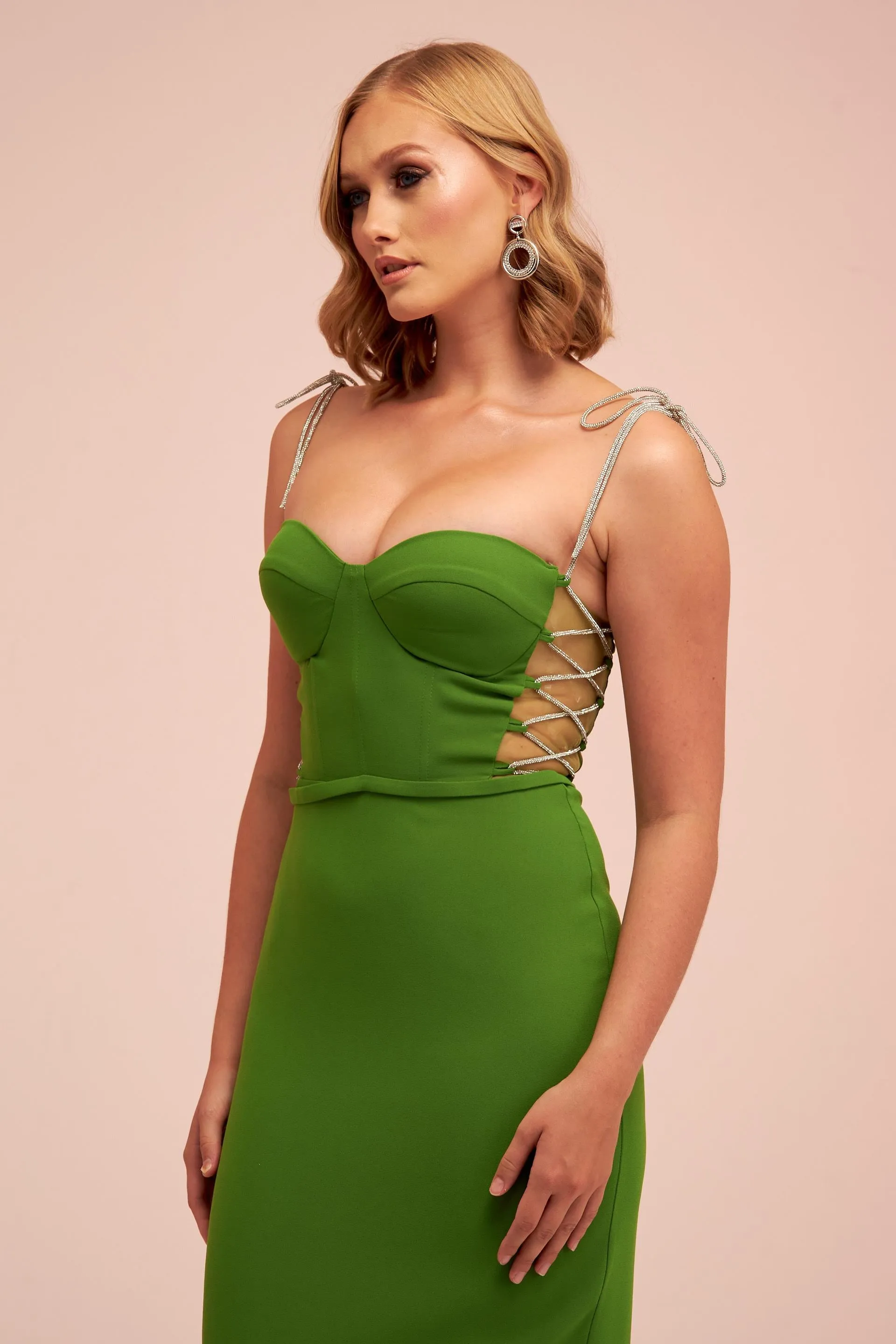 Angelino Pistachio Green Stone Lace Midi Crepe Evening Dress