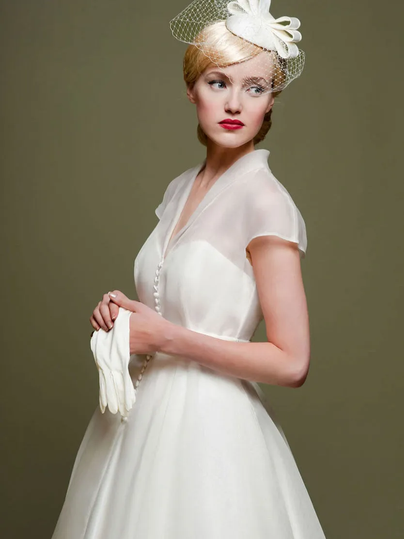 Ankle-Length A-Line Ribboned V-Neck Cap Sleeve Tulle Wedding Dress-MK_705284