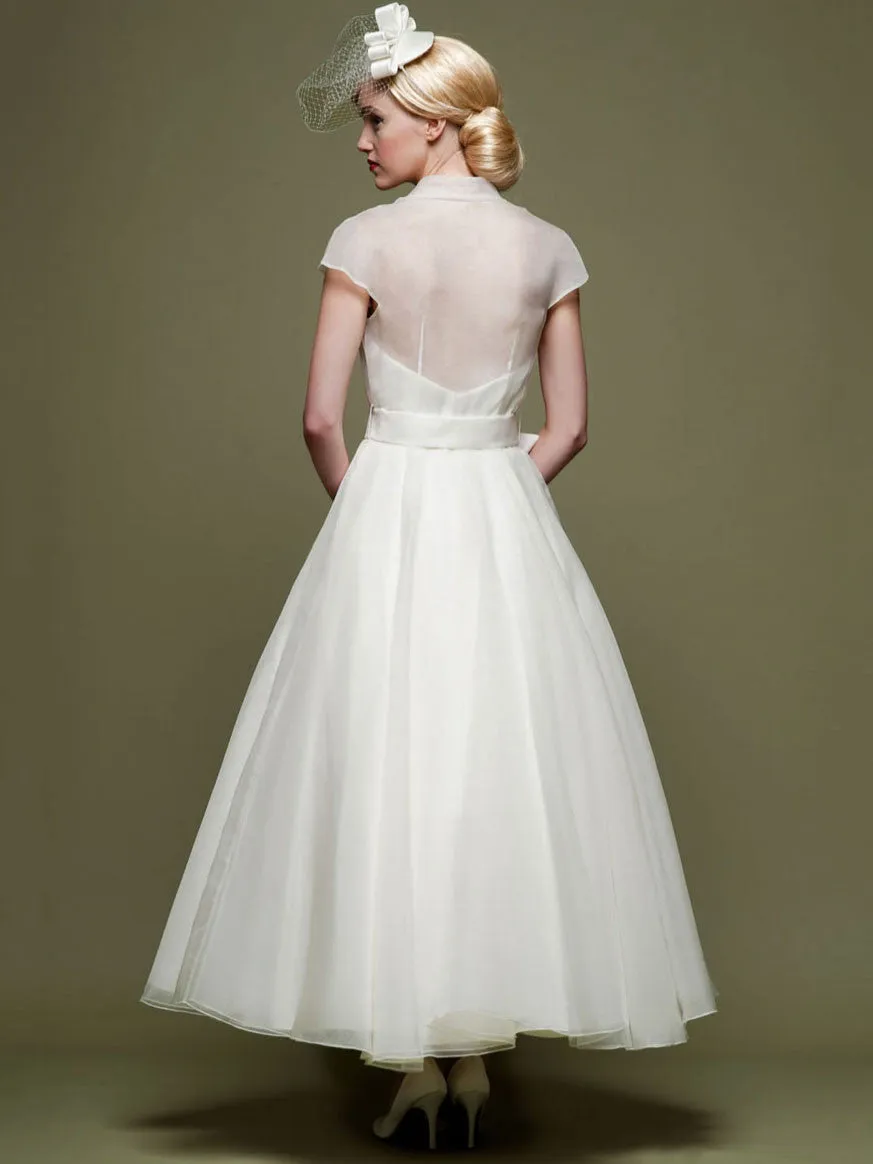 Ankle-Length A-Line Ribboned V-Neck Cap Sleeve Tulle Wedding Dress-MK_705284