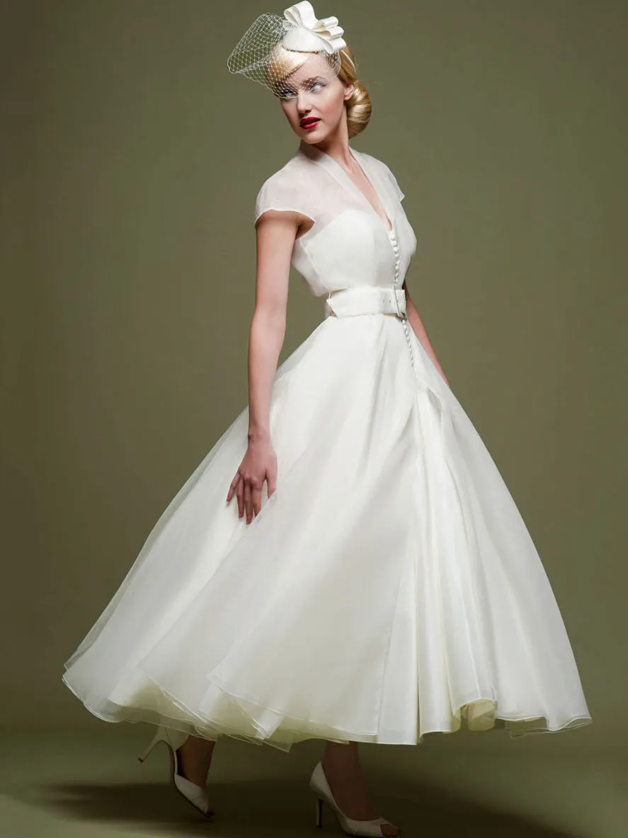 Ankle-Length A-Line Ribboned V-Neck Cap Sleeve Tulle Wedding Dress-MK_705284