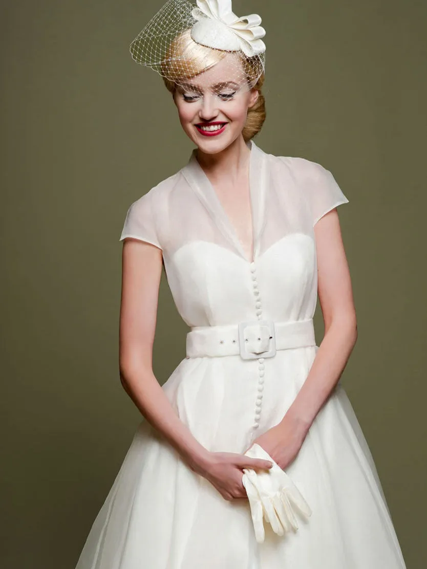 Ankle-Length A-Line Ribboned V-Neck Cap Sleeve Tulle Wedding Dress-MK_705284