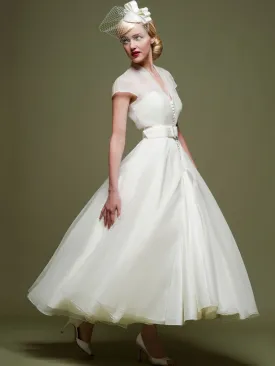 Ankle-Length A-Line Ribboned V-Neck Cap Sleeve Tulle Wedding Dress-MK_705284