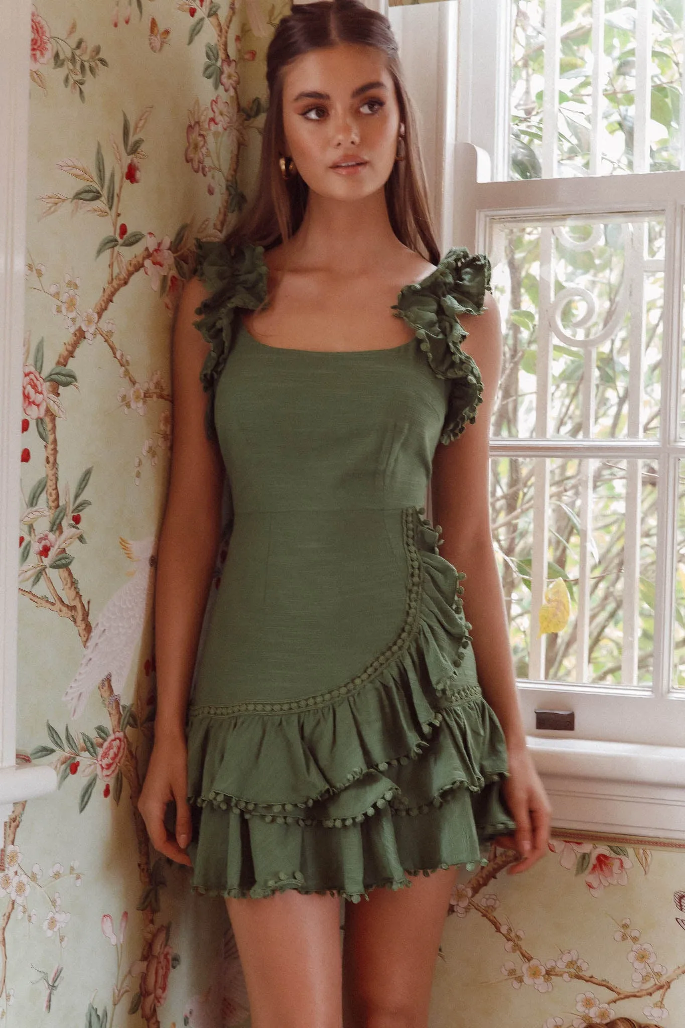 Annie Ruffle Shoulder Strap Layered Hem Mini Dress Green