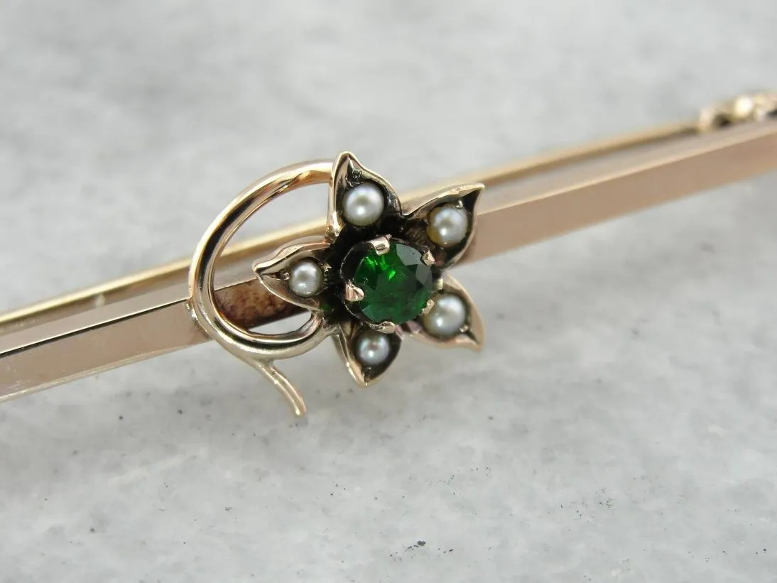 Antique Victorian, Rose Gold and Dematiod Garnet and Pearl Bar Pin