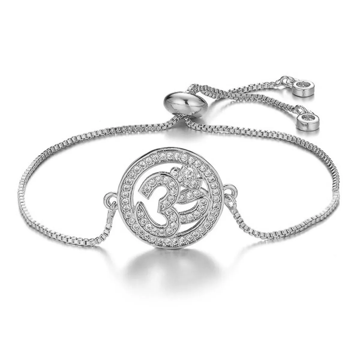 Aum Om Silver Cubic Zirconia American Diamond Slider Tennis Bracelet