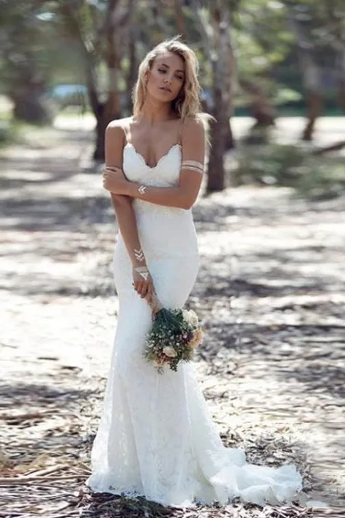 Backless Lace Wedding Dresses V Neck Spaghetti Mermaid Wedding Dress OW671