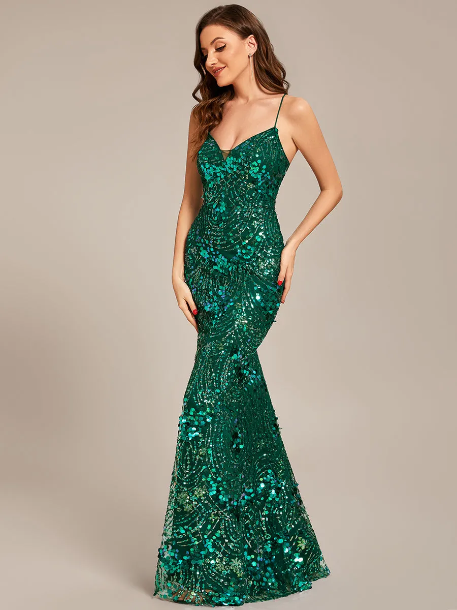 Backless V-Neck Bodycon Adjustable Spaghetti strap Sequin Custom Evening Dress