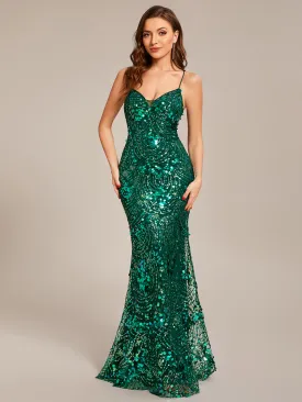 Backless V-Neck Bodycon Adjustable Spaghetti strap Sequin Custom Evening Dress