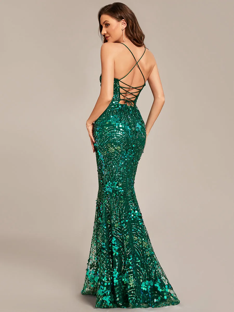 Backless V-Neck Bodycon Adjustable Spaghetti strap Sequin Custom Evening Dress