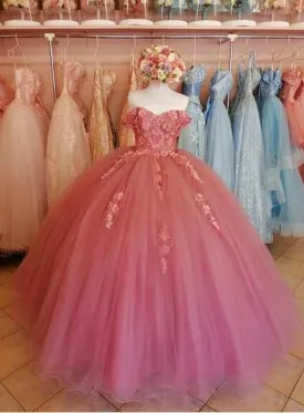 Ball Gown Dusty Pink Lace Prom Dresses Long Sweet 16 Dress Y683