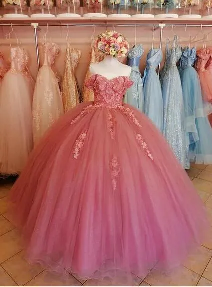 Ball Gown Dusty Pink Lace Prom Dresses Long Sweet 16 Dress Y683