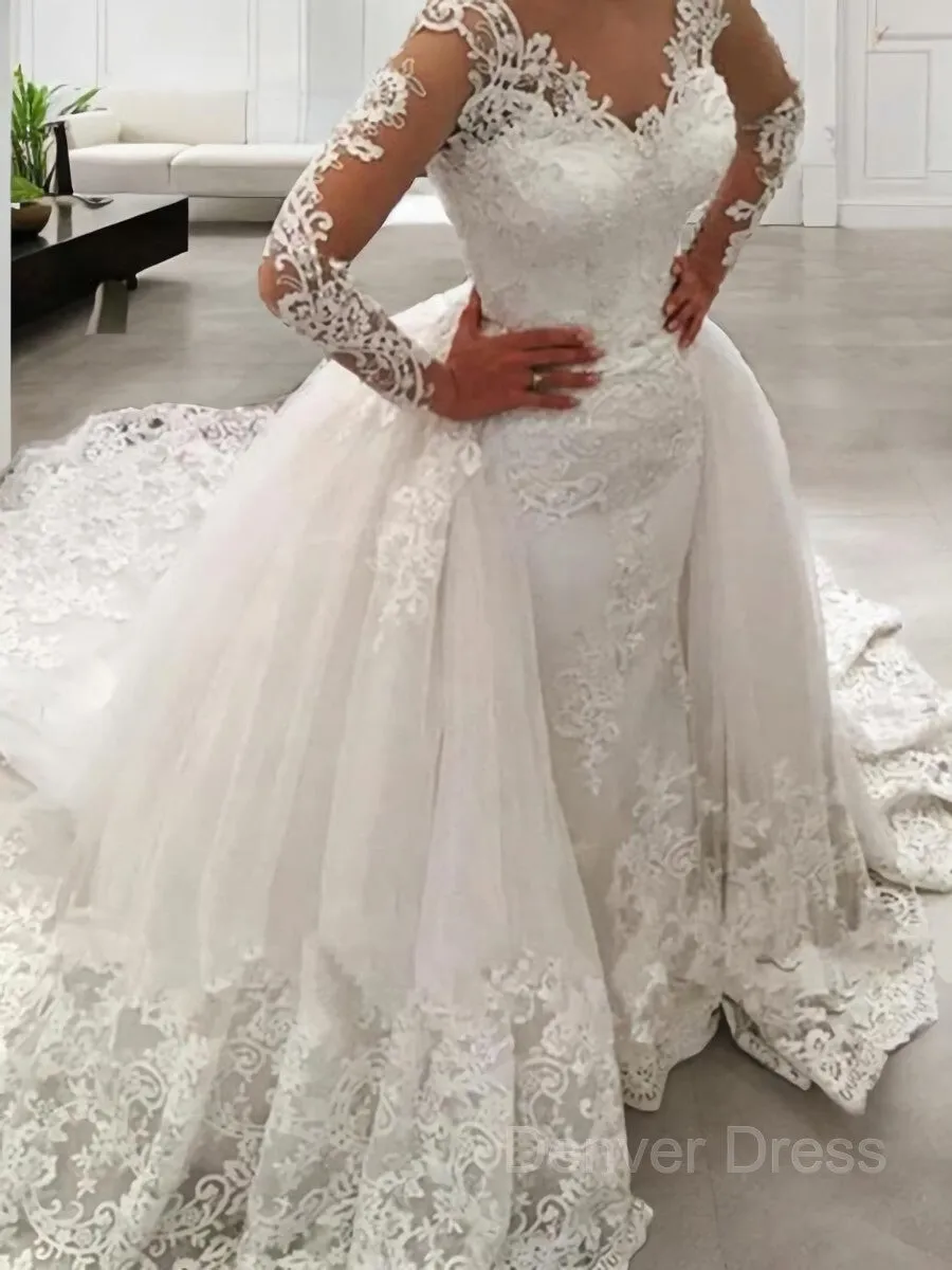 Ball Gown V-neck Cathedral Train Tulle Wedding Dresses With Appliques Lace