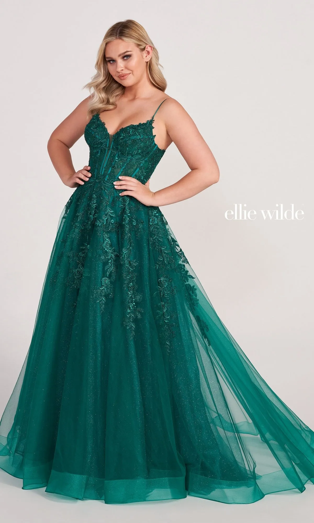 Ball Gown With Sheer Corset By Ellie Wilde EW34036