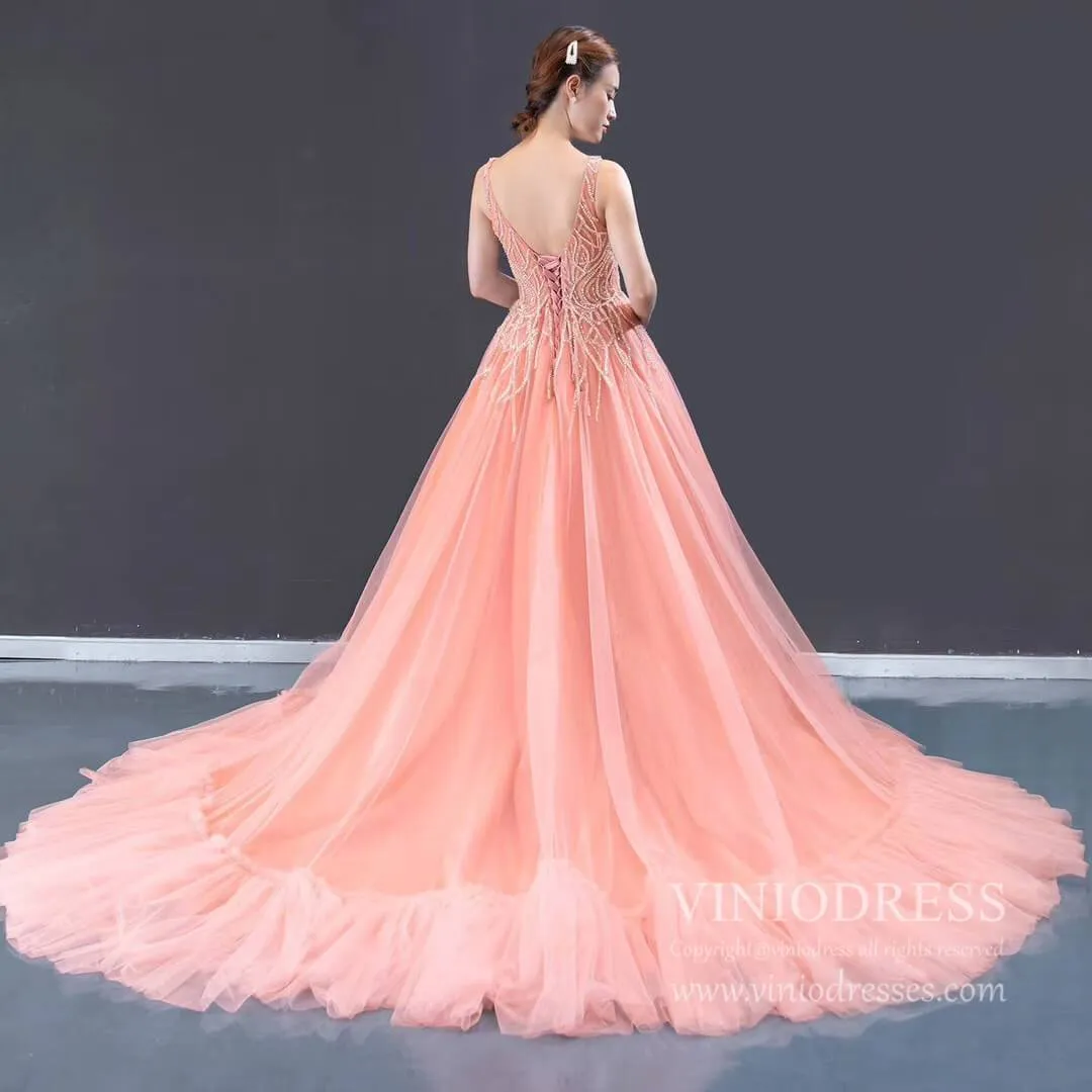 Beaded Blush Vintage Prom Dresses with Long Train 66961 viniodress