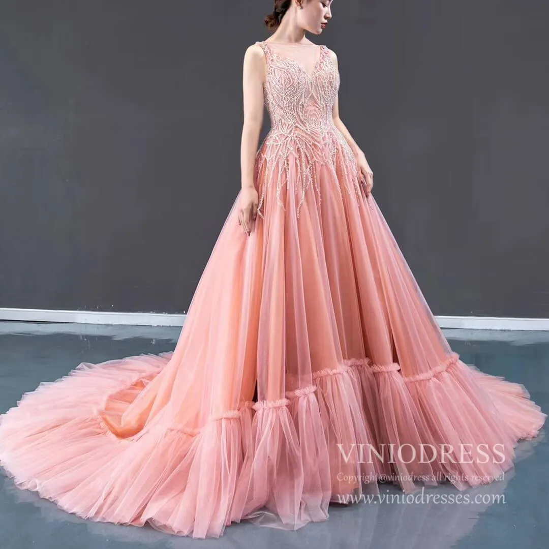 Beaded Blush Vintage Prom Dresses with Long Train 66961 viniodress