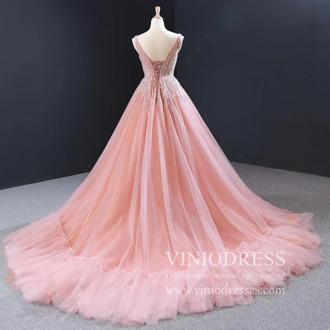 Beaded Blush Vintage Prom Dresses with Long Train 66961 viniodress