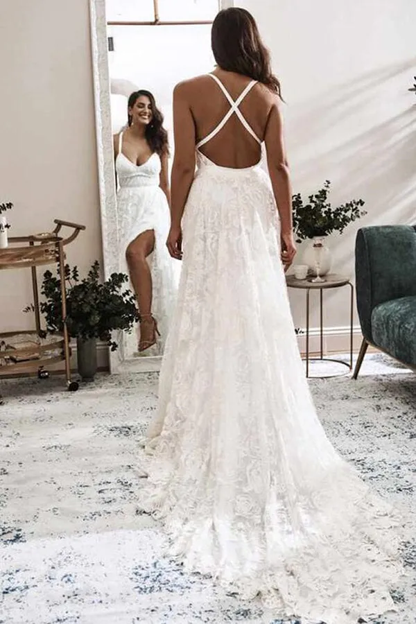 Beautiful Ivory Lace A-line V-neck Wedding Dresses, Bridal Dress with Slit, SW417