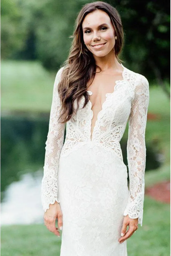 Beautiful Ivory Long Sleeves Lace Mermaid Backless Wedding Dresses, SW356