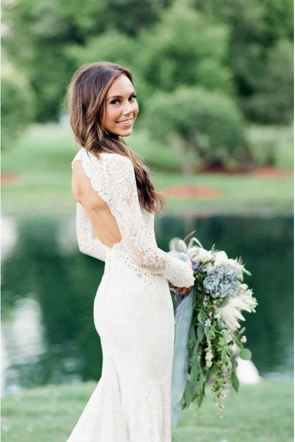 Beautiful Ivory Long Sleeves Lace Mermaid Backless Wedding Dresses, SW356