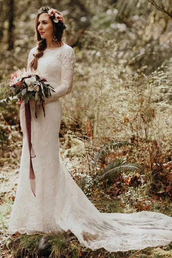 Elegant Lace Mermaid Wedding Dress with Round Neck and Long Sleeves - SW419