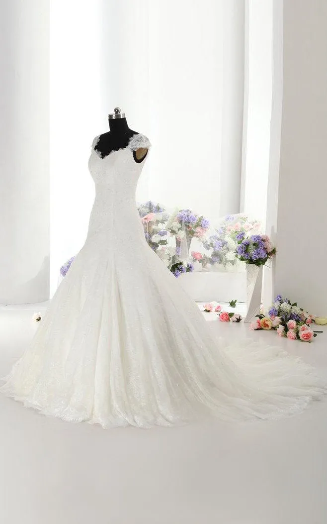 Beautiful Lace Mermaid Wedding Dress With Cap Sleeves Made to Order-ET_711115