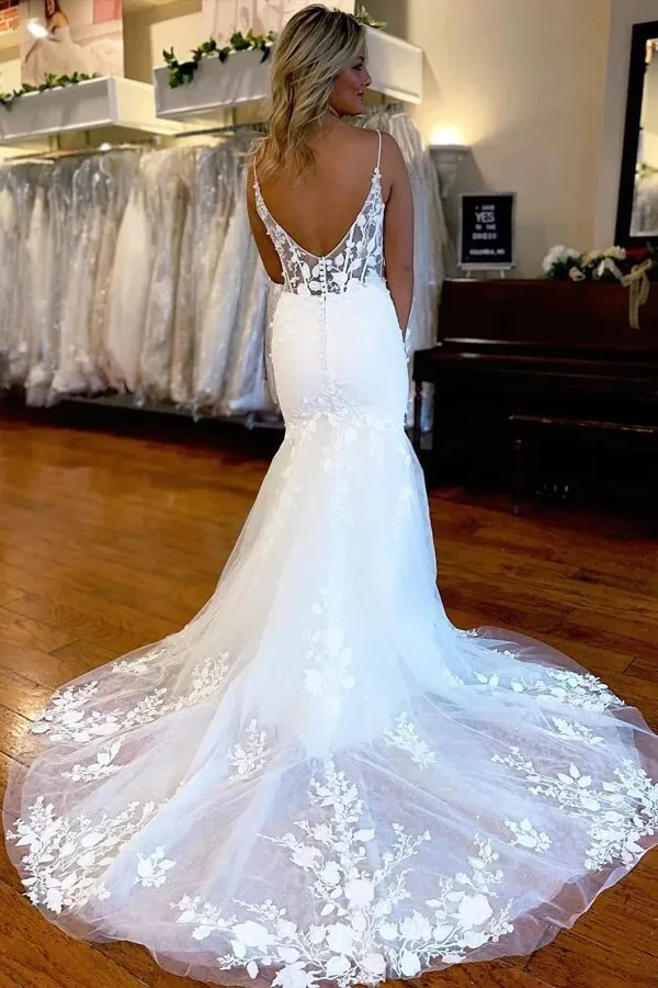 Beautiful Mermaid Satin Lace Wedding Dresses With Side Slit, Bridal Gown, SW617