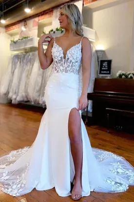 Beautiful Mermaid Satin Lace Wedding Dresses With Side Slit, Bridal Gown, SW617