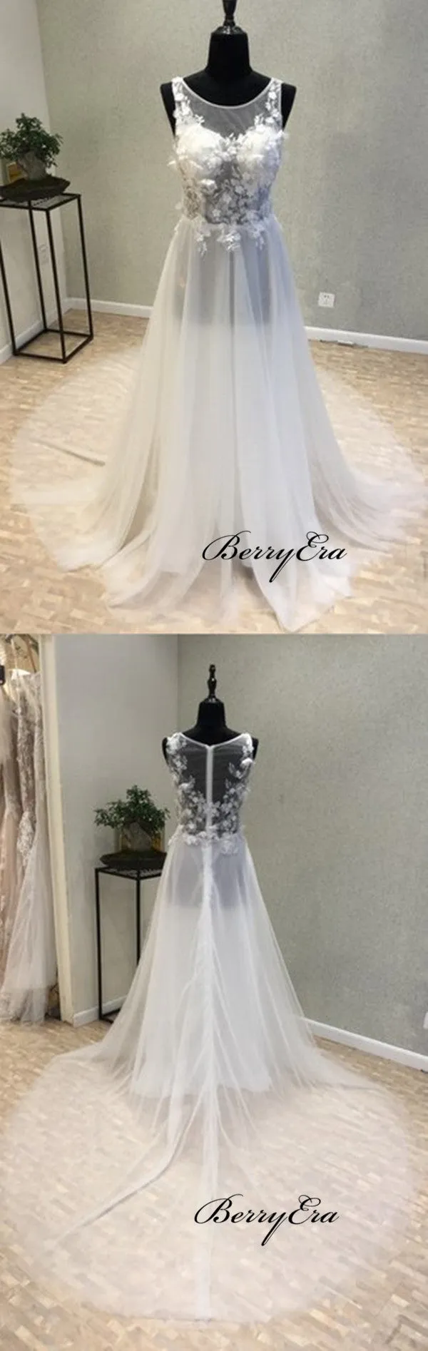 Beautiful Sexy Seen Through Beach Long Bridal Wedding Dress, Popular Wedding Dresses