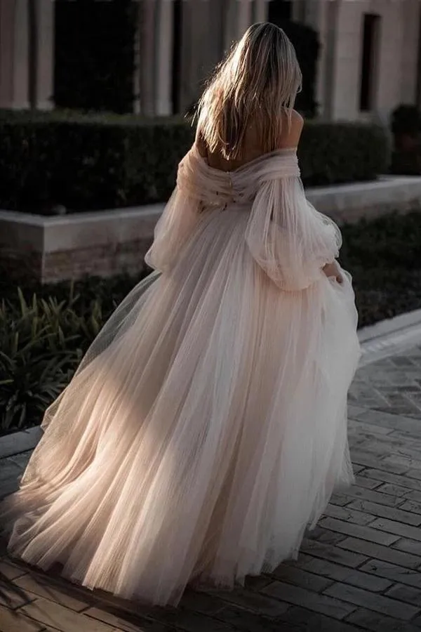 Beautiful Tulle Long Sleeves Backless Beach Wedding Dresses, Bridal Gown, SW483