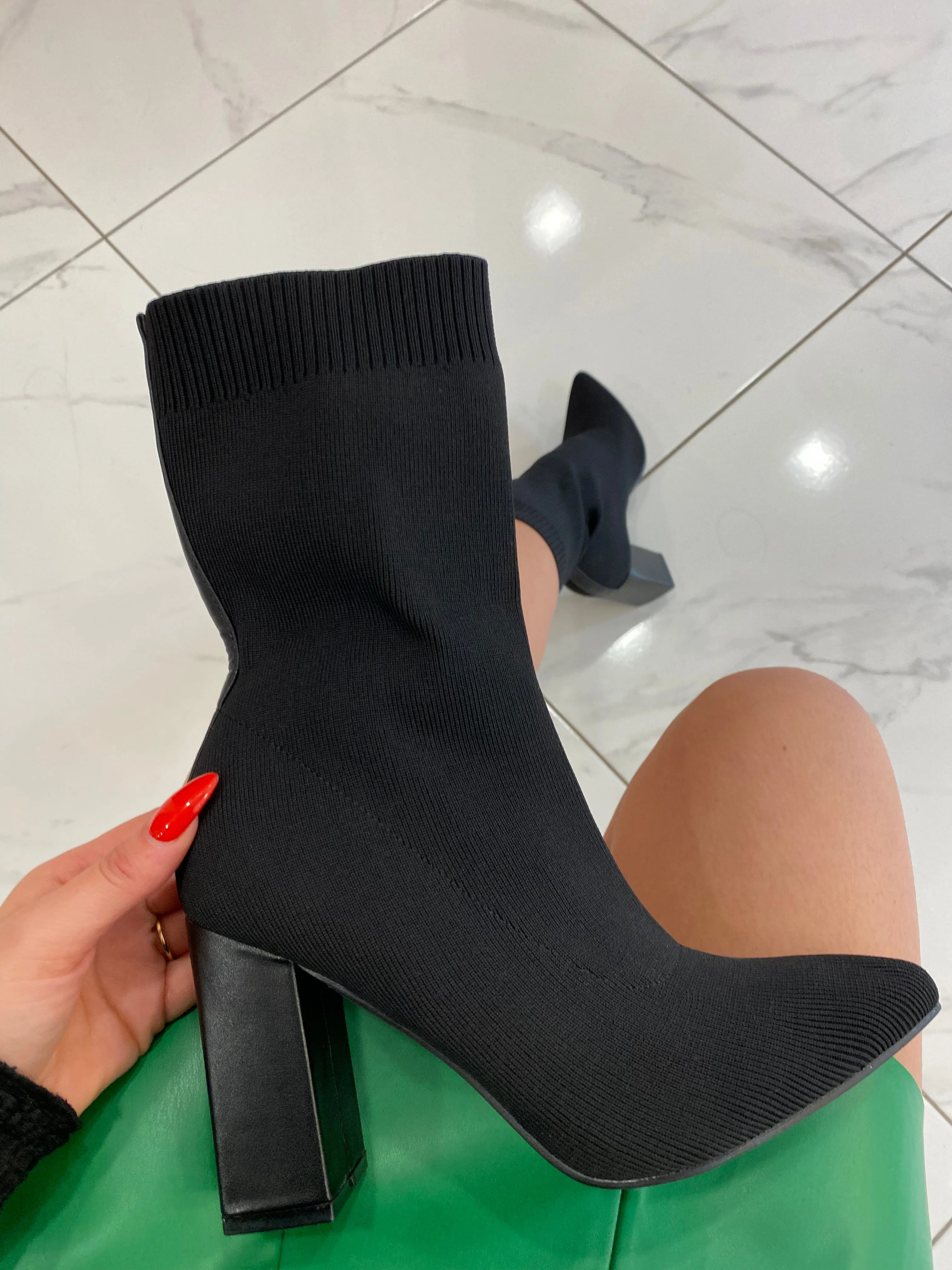 Bianca Black Block Heel Ankle Sock Boots