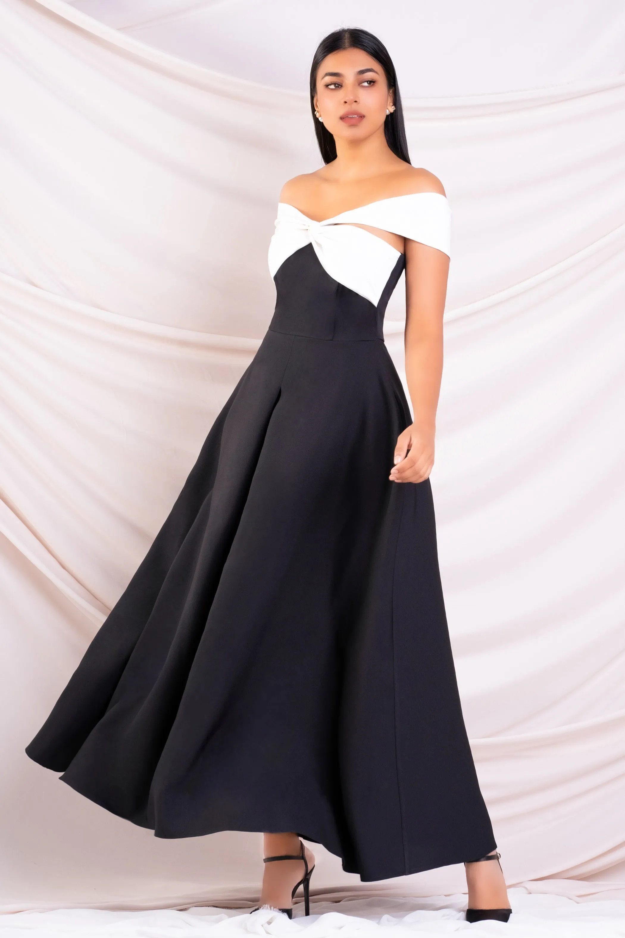 Black & White Off Shoulder Maxi Dress