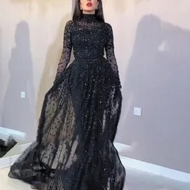 black beaded prom dresses high neck long sleeve arabic style luxury prom gown vestido de longo