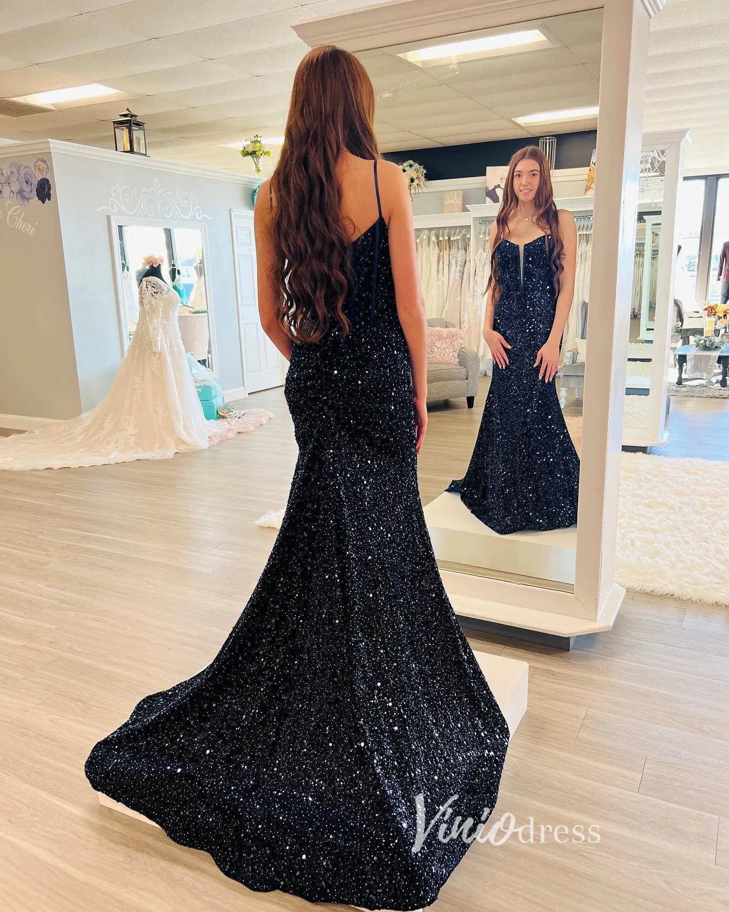 Black Beaded Sequin Prom Dresses Mermaid Spaghetti Strap Evening Dress FD3303