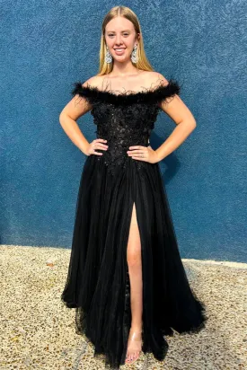 Black Feathered Off-Shoulder A-line Long Prom Dress with Slit,DP1162